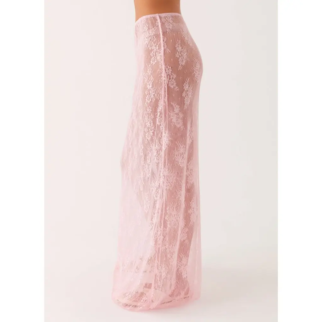 Womens Summer Y2K Chic Floral Lace See-through Elegant Elastic Low Waist Solid Color Sheer Long Skirts Club Partywear