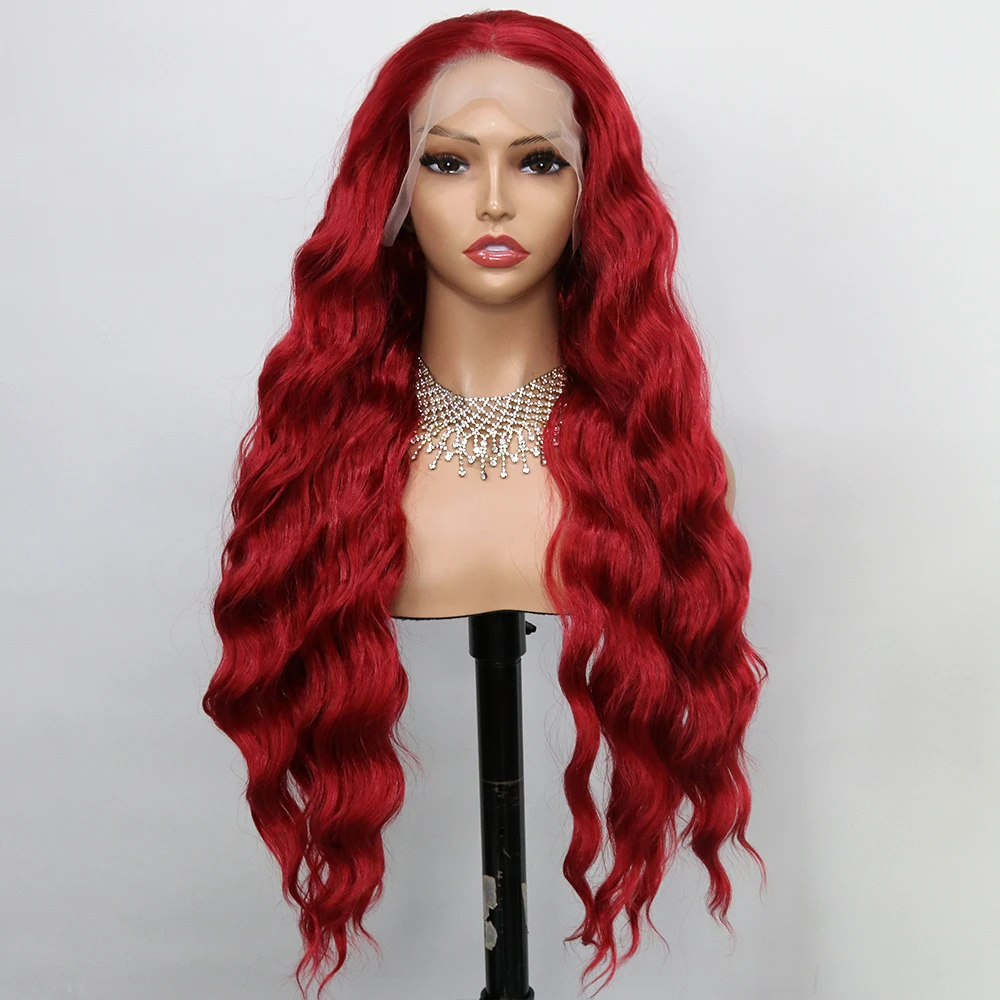 Center parted red long curly hair with big waves, full headpiece design, suitable for anime, masquerade ball, and performance.