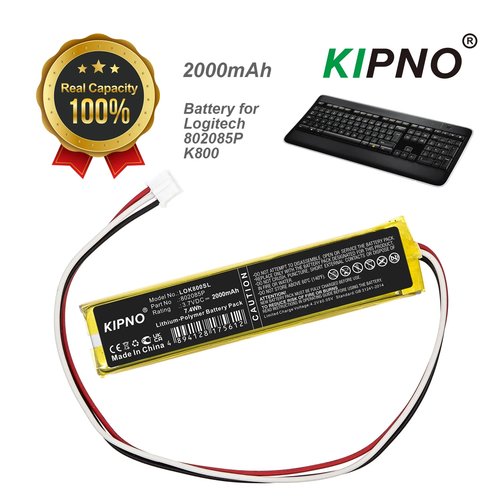 

Keyboard,Mouse Battery Compatible with Logitech K800 Fits 802085P 2000mAh/7.4Wh Li-Polymer 3.70V