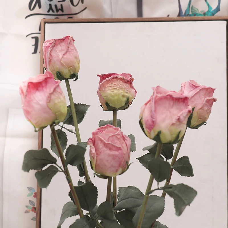 Burnt Edge Rose Buds Artificial Flowers Silk Long Branch Roasted Autumn Roses Vase Room Indoor Decoration Valentine's Day Gifts