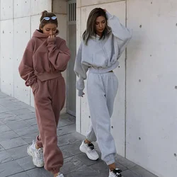 2024 Women's Warm Hoodie and Pants Set Oversized Sportwear Tracksuit Set  Autumn Winter Suits on Fleece for Women Y2k