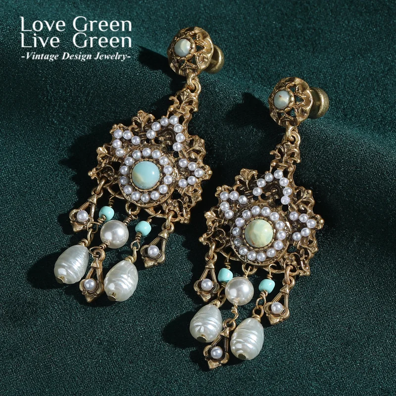 

Vintage Tassel Semi Baroque Pearl Drop Dangle Earrings Antique Gold Color For Woman Accessories Palace Gift Christmas Party 2025