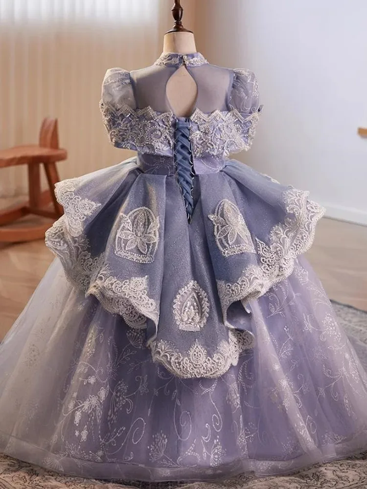 High-End Luxury Girls Elegant Princess Dress Beads Sequins Design Kids Perform Wedding Dress For Birthdays Party Ball Gown A3475