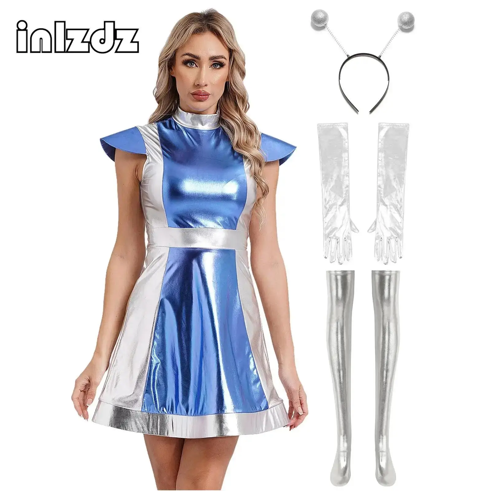 

Womens Outer Space Alien Astronaut Cosplay Costume Halloween Mock Neck Cap Sleeve Metallic Shiny Robot Dress Up Outfits