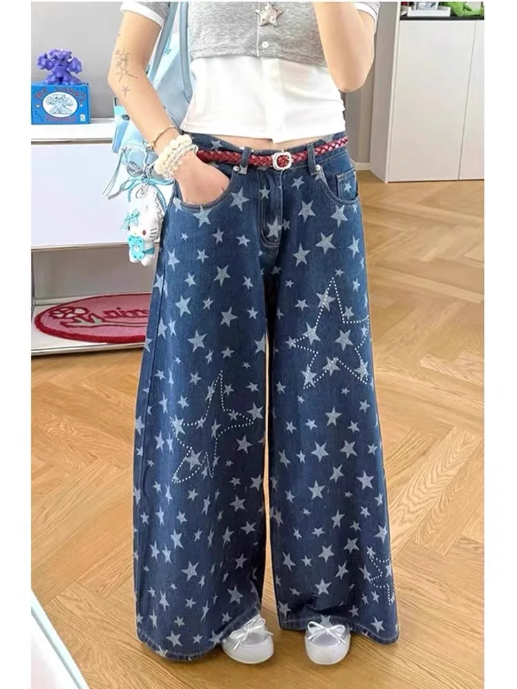 

Women's Dark Blue Star Ironing High Waist Jeans 2000s Retro American Washing Scimitar Pants Summer New Loose Wide-Leg Trousers