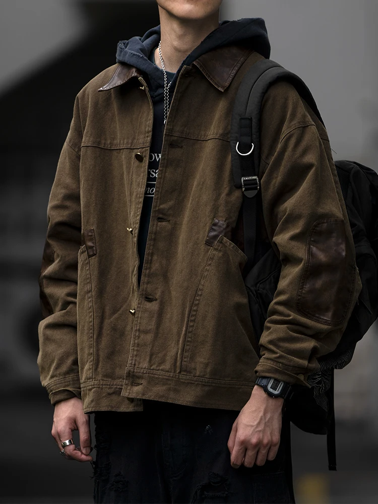 

Мужская куртка из искусственной кожи в стиле ретро, весенне-осенняя, свободного кроя, с отложным воротником, в рабочем стиле, модный дизайн с цветными вставками, прямой подол, хлопок