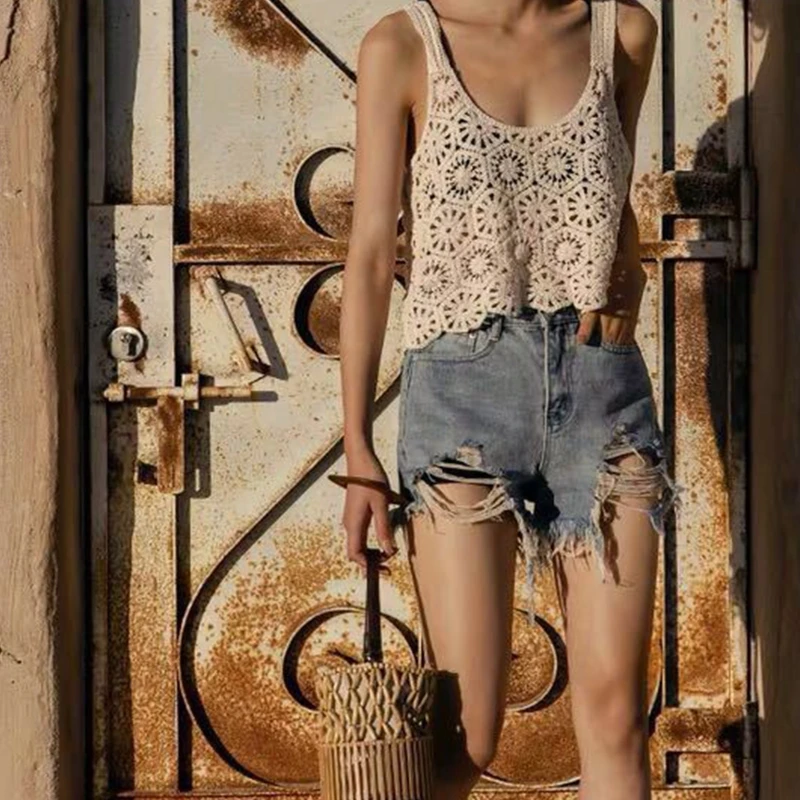 Women Vintage Crochet Cropped Tank Top Boho Hollow Out Knitted Floral Pattern Camisole Summer Sleeveless Cover Up Vest