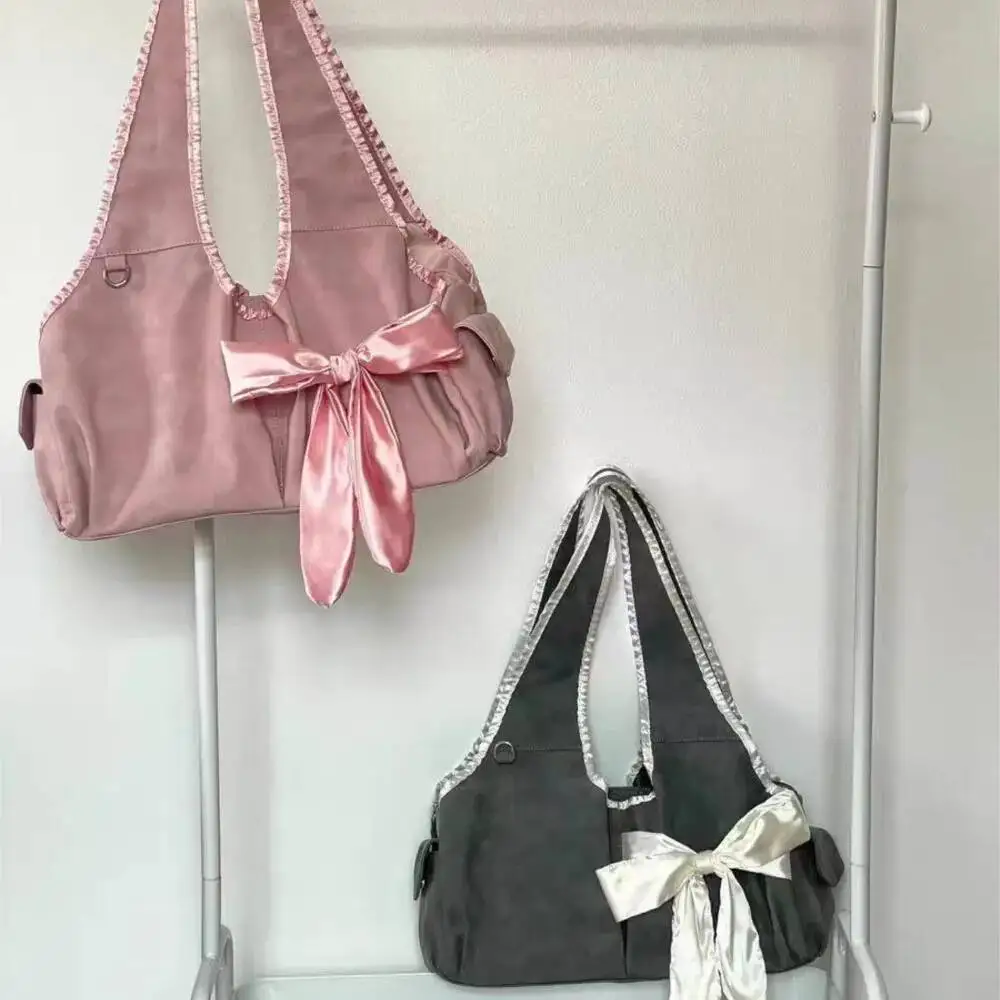 Bloom Haruku Large Capacity Tote Bag Women Fairycore Aesthetic Bow Chic Grey Handbag Female Vintage Cute Shoulder Bags New