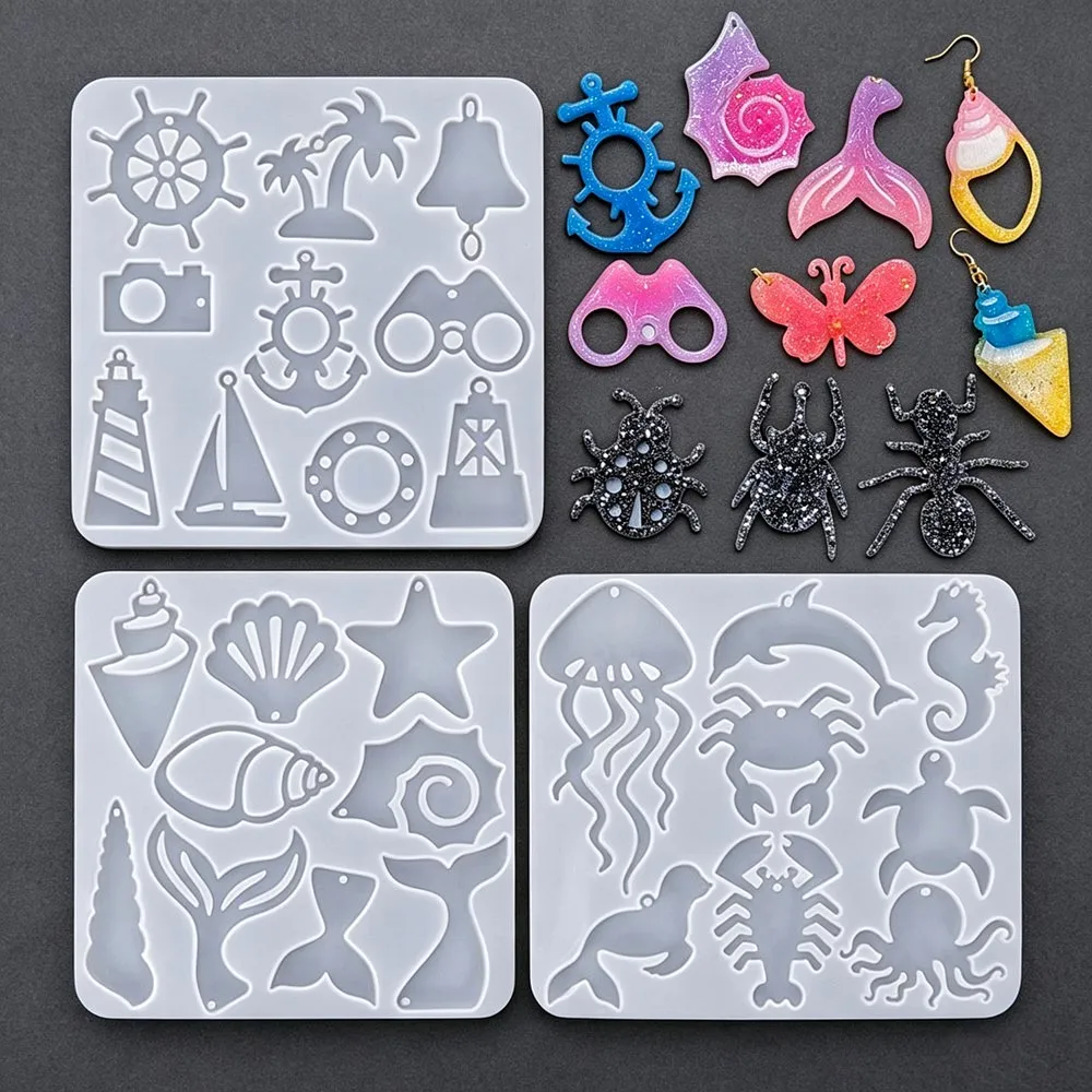 SNASAN Ocean Theme Silicone Mold for Earrings Pendant Insect Sea Snail Shell Dolphin Boat Anchor Tag Pendant Jewelry Accessory