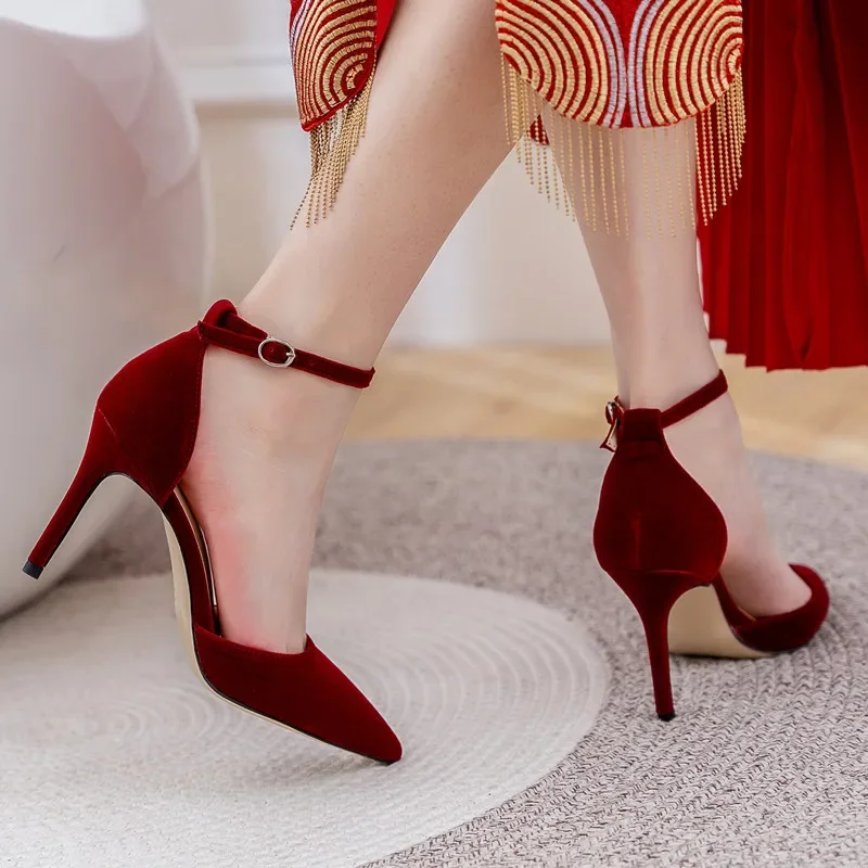 7cm Shoes Luxury Women Pointed Toe Flock Pumps High Heels Wedding Banquet Women Red Sandals 41 42 43