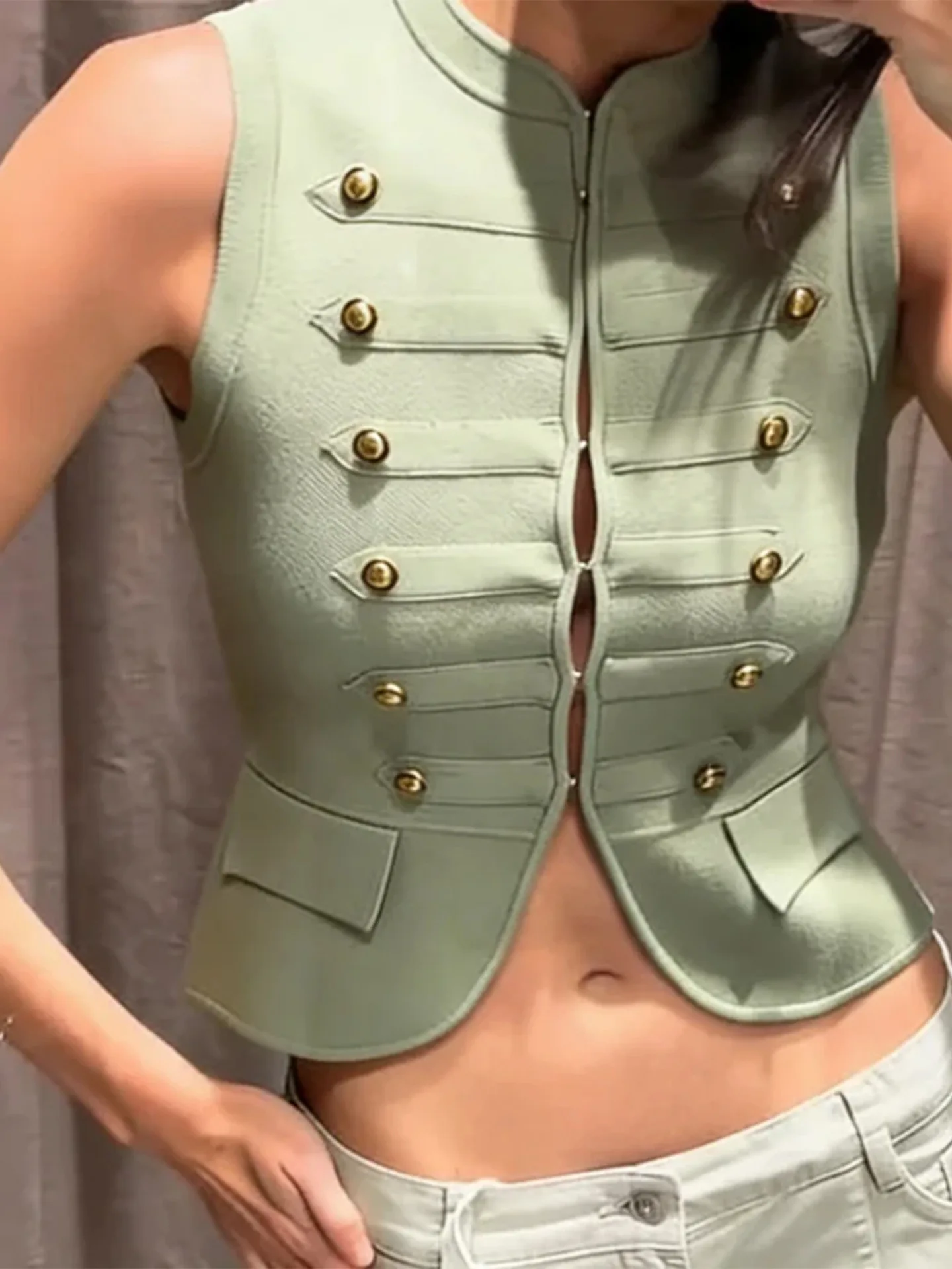 2026 Spring Summer Elegant Green Knitted Vests Top Women Fashion Street Wear Hidden Buckle Sleeveless Crop Ladies Vests Clothes