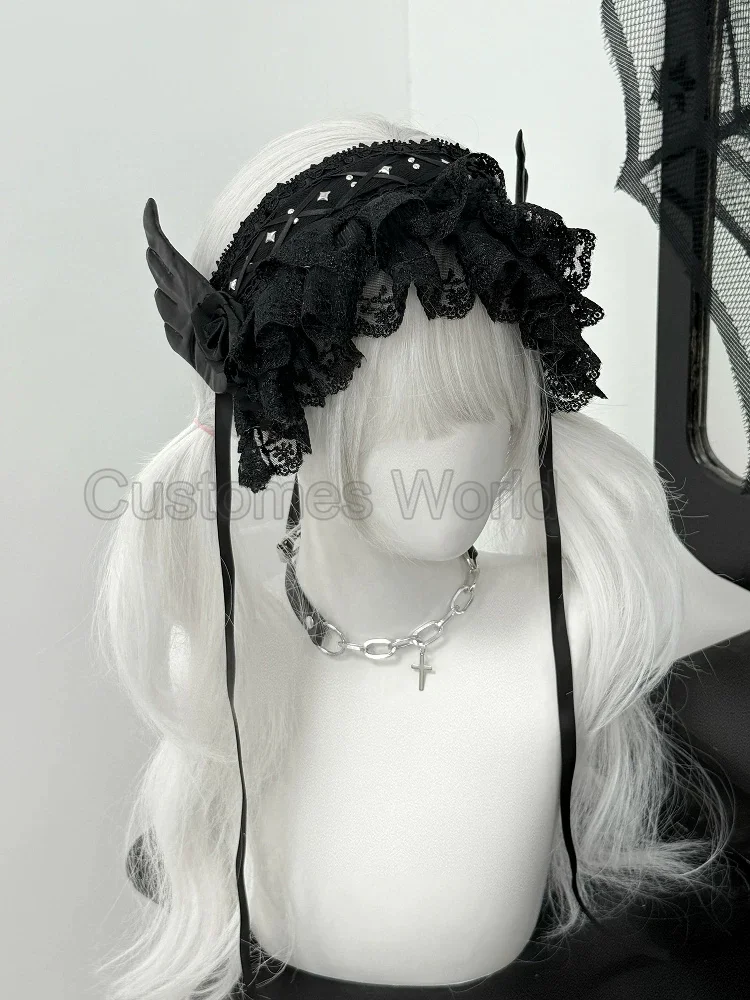 Subculture Lovely Y2k Girl Gothic Lolita Handmade Harajuku Japanese Cosplay White Angel Lace Ruffle Flounce Rivet Punk Headband