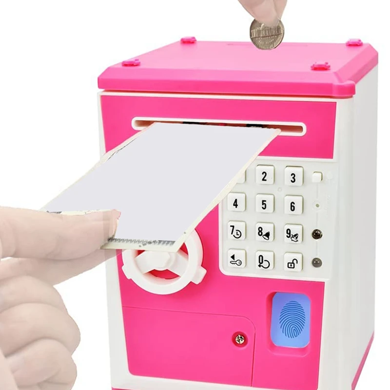 Mealheiro com senha de impressão digital para crianças, moeda, jarra de dinheiro, brinquedo eletrônico, banco de poupança ATM, rosa, branco