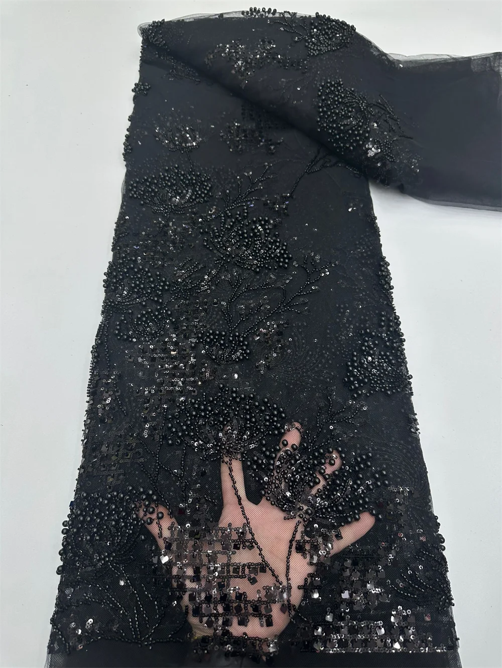 

High-Quality French 3D Flower Sequins Lace Fabric 5 Yards for Wedding Party Dresses Nigerian Beads Sewing Latest Style 2026