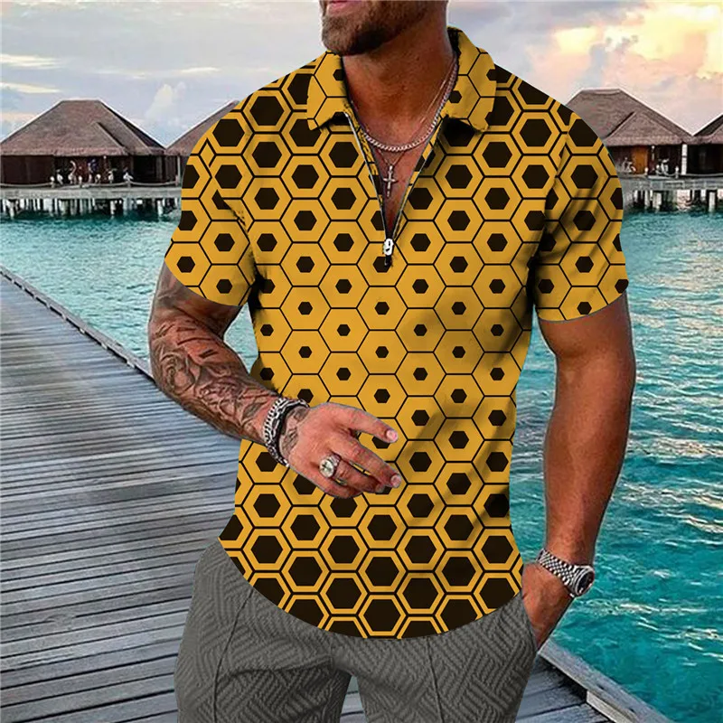 

Summer Men's Clothing Pullover Short Sleeve Zipper Turn-down Collar Polka Dot Printing Contrast Color T-shirt england style Tops