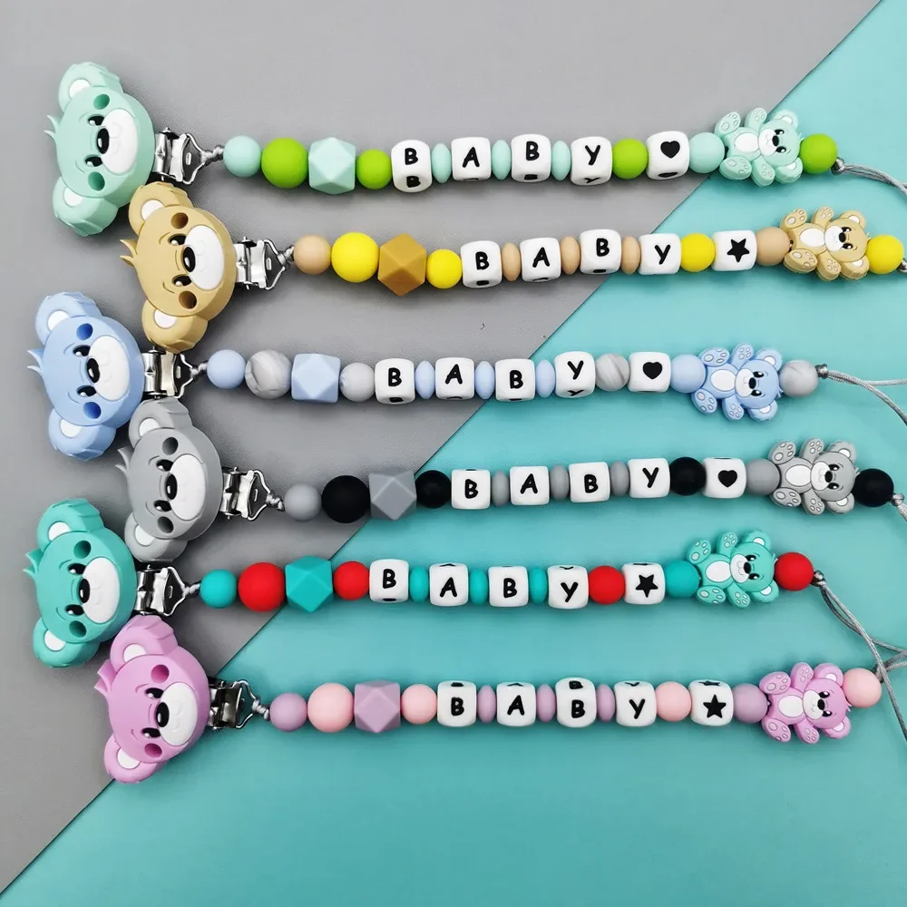 

Custom English Russian Silicone Letter Name Bear Silicone Beads Pendant Pacifier Clips Chains Teether Baby Kawaii Bear Gifts