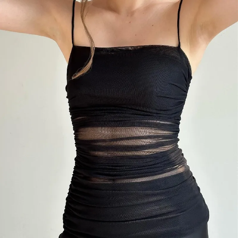 WhereMery エレガントな女性の背中の開いたマキシドレスセクシーなメッシュシャーリングノースリーブスプリットサスペンダードレスイブニングパーティークラブロング Vestidos