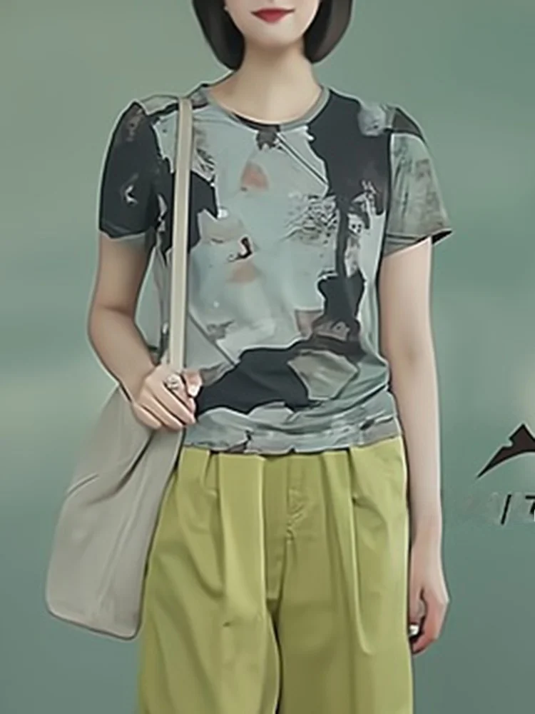 

Женская футболка с круглым вырезом и коротким рукавом, модная, с градиентным цветным принтом, приталенная, в корейском стиле, летняя одежда