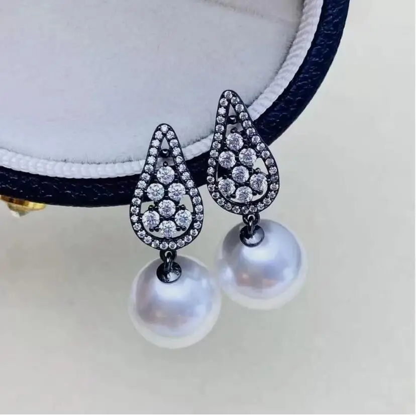 

classic pair of 10-11mm 9-10mm south sea round white pearl earring 925s