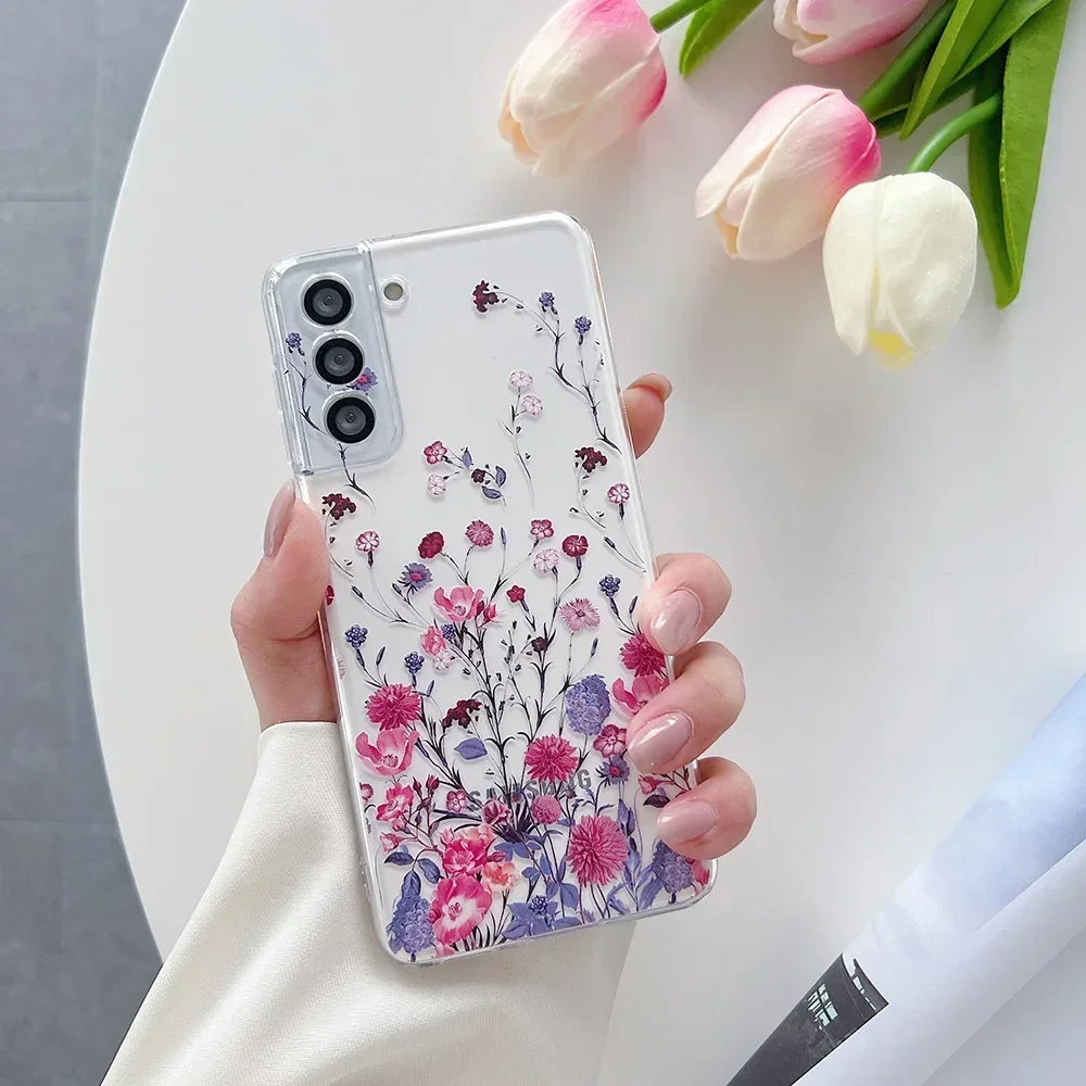 for Samsung Galaxy S26 S25 S24 S23 S22 S21 Ultra Plus FE 5G A54 A53 A73 A52S A33 Case Cute Flower Clear Soft Full Camera Cover