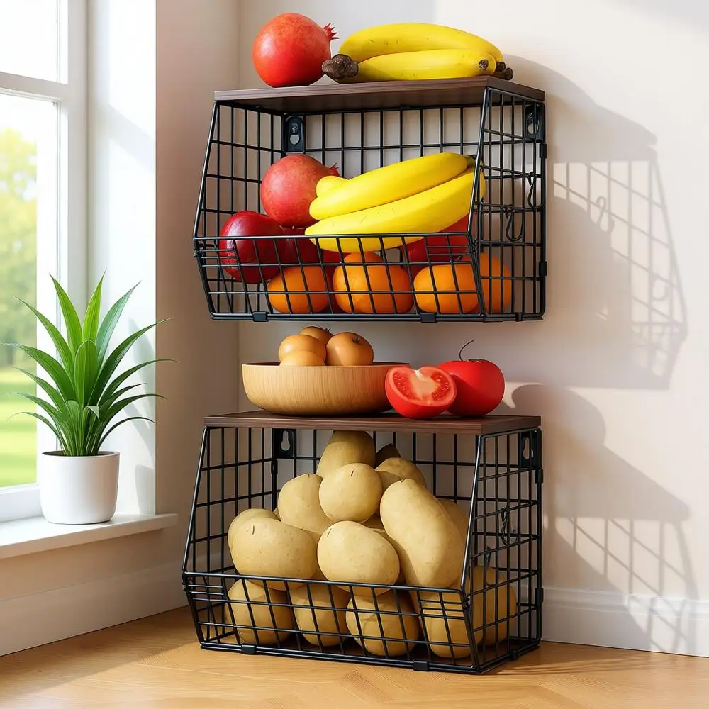 

Stackable Wooden Lid Kitchen Storage Baskets, 11.8 x 7.9 x 8.5 - Ideal for Countertop, Snacks, Fruits & Vegetables