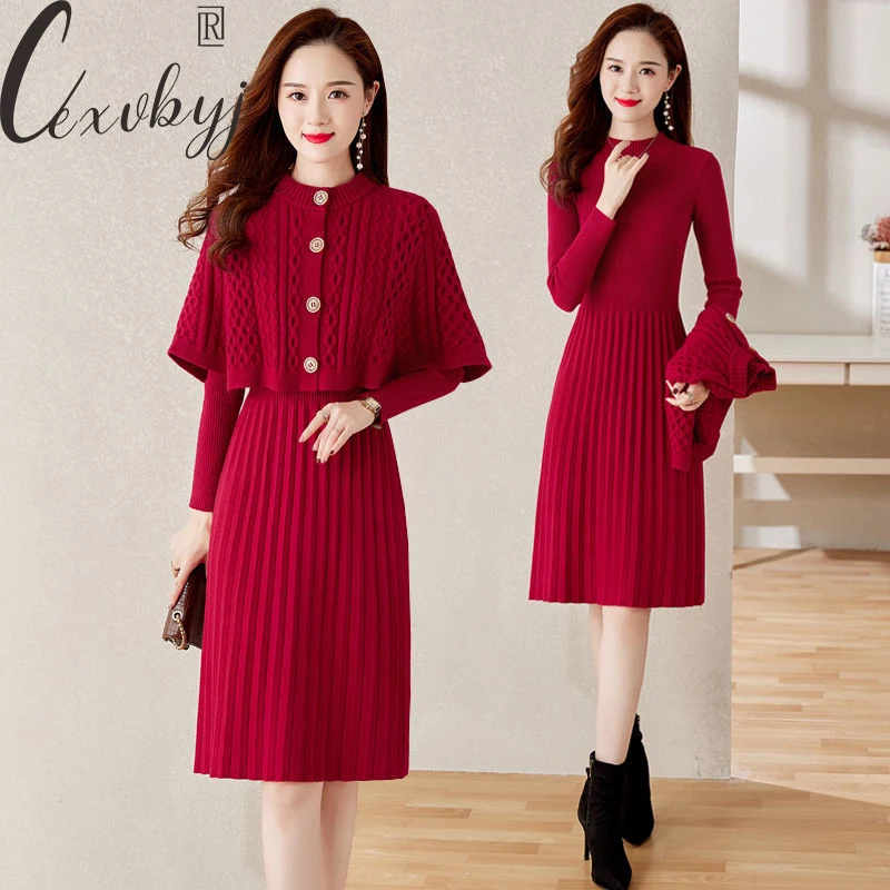 Korean Knitted Dress Two Peice Sets Women Single Breasted Short Shawl +Half High Collar Sweater Pleated Dress Outfits Elegant