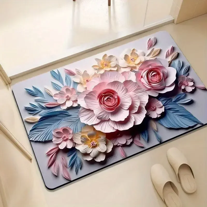 1PcAesthetic Flower Bath Mat Non-slip Doorway Bathroom Floor Rug Super Absorbent Entrance Carpets Diatom Mud Foot Pad Home Decor