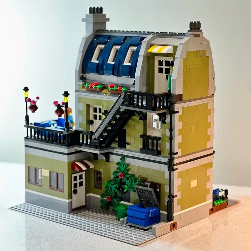Bloques de construcción de restaurante parisino con vista a la calle creativa, modelo de arquitectura, montar ladrillos, juguete para regalo para niños, chico, adulto y niña