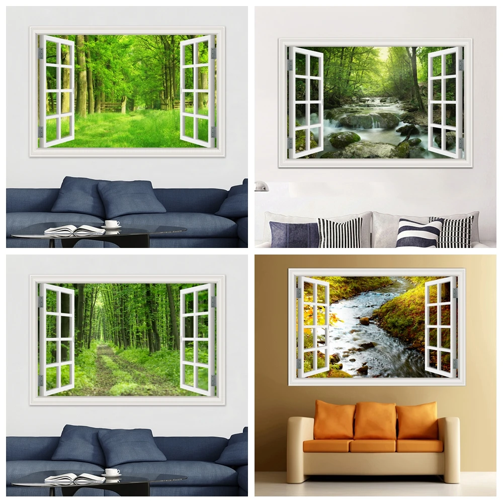 Waterfall Lake River Landscape 3D Window View Wallpaper Wall Art Decor Green Forest Sticker Vinyl Decorative Poster Picture