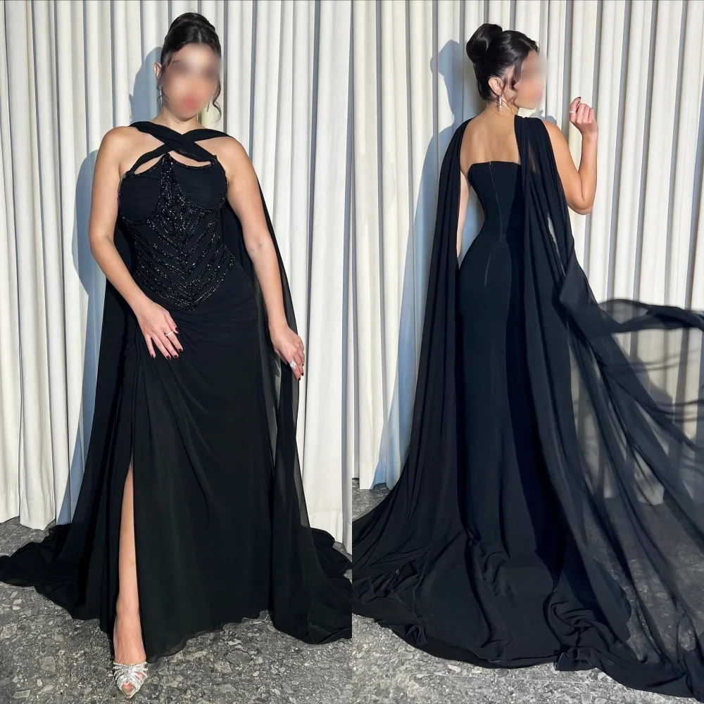 

Customized Luxury Evening Dress Sparkle Pleat Trumpet Black Long Dresses Bespoke Occasion Charming Prom Elegant Party