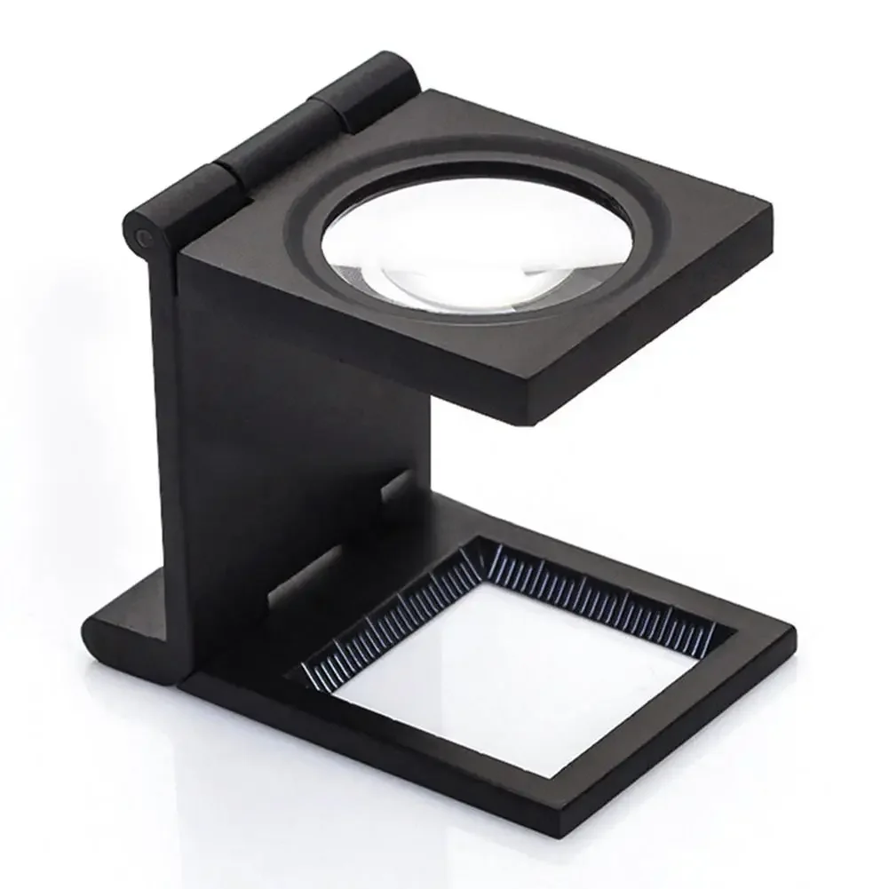 10x Metal Desk Magnifier Optical Lens Black Foldable Printing Cloth Magnifying Glass W/ Scale Pointer Loupe