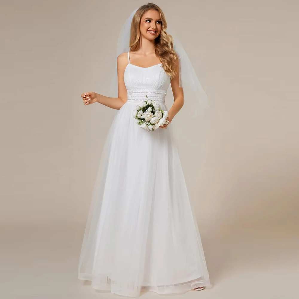 

BAZIIINGAAA Maxi Long Sequin Tulle Sleeveless Wedding Dresses