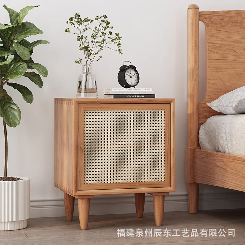 

Solid wood rattan glass bedside table Nordic storage cabinet apartment bedroom drawers