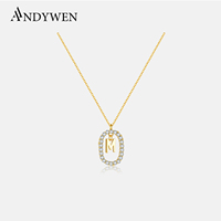 ANDYWEN 925 Sterling Silver Gold Clear Zircon CZ Alphabet 26 Letter A-Z Pendant Long Chain Necklace Women Initial Choker Jewelry