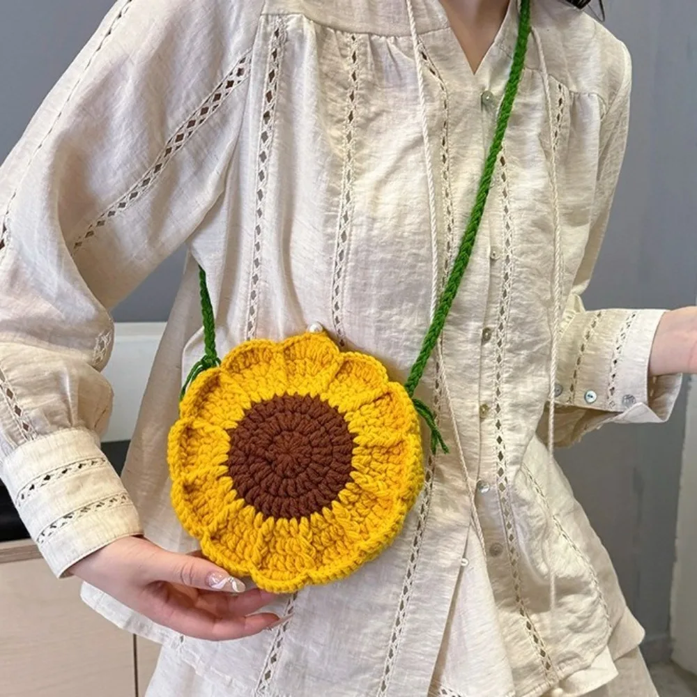 

Cute Knitted Sun Flower Weave Bag Bohemian Crochet Flower Shoulder Bag Cotton Rope Rustic Beach Crossbody Bag Shopping