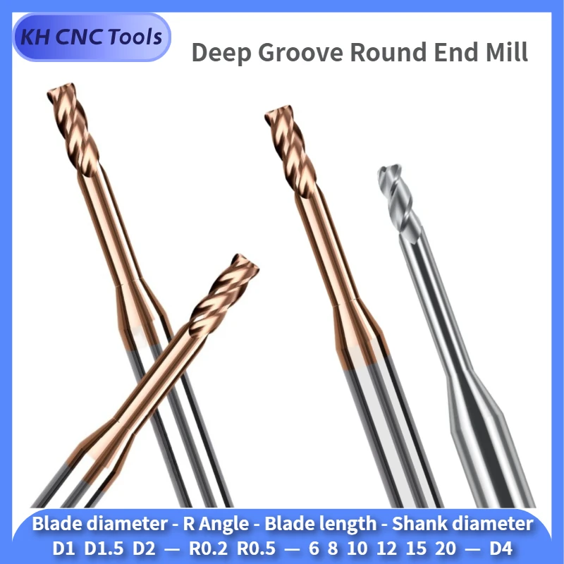 

R0.2 R0.5 HRC58 4Flute Carbide Long Neck Round Nose Milling Cutter Deep Groove Round Endmill R Angle 0.2 0.5 Small Diameter Min
