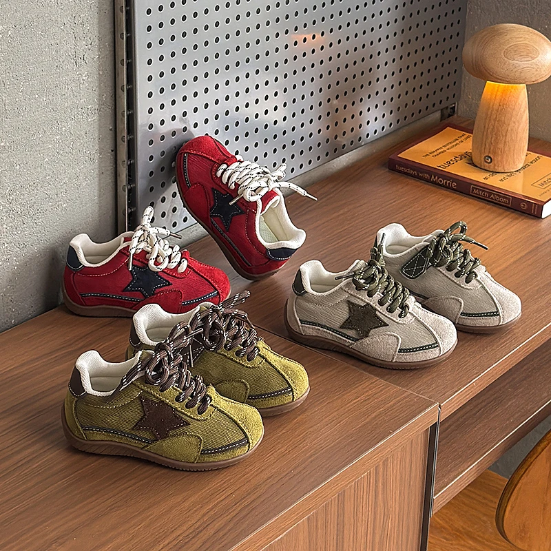 Kids Star Sneakers Boys Girls Retro Suede Casual Shoes Lace-Up Color Block Non-Slip Walking Tennis Shoes for Toddler/Little Kid