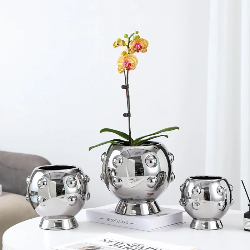 Silver Ceramic Flowerpot Cartoon Planet Geometric Convex Points Flower Arrangement Accessories Flower Vase Home Decoration