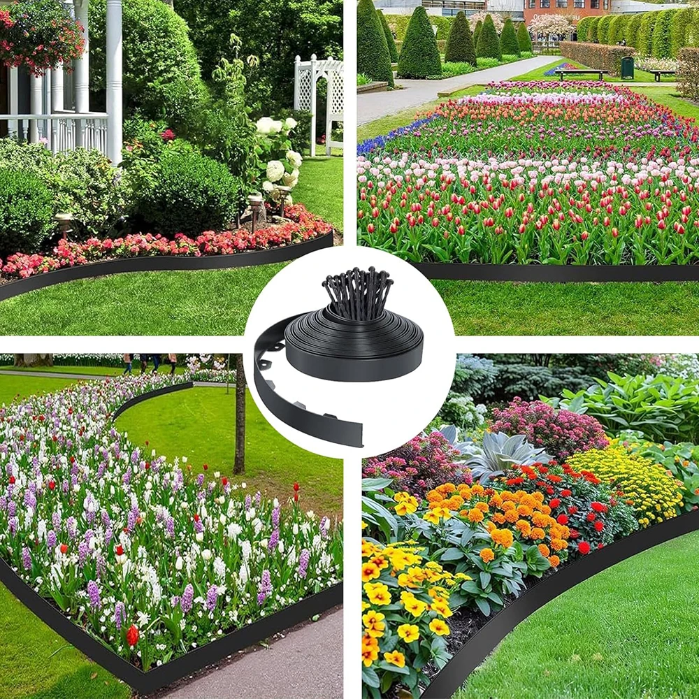 10M Flexible Plastic Garden Edging, 5mm Heavy‑duty Lawn Border For Pathways Flower Beds, With 30 Fixing Pegs