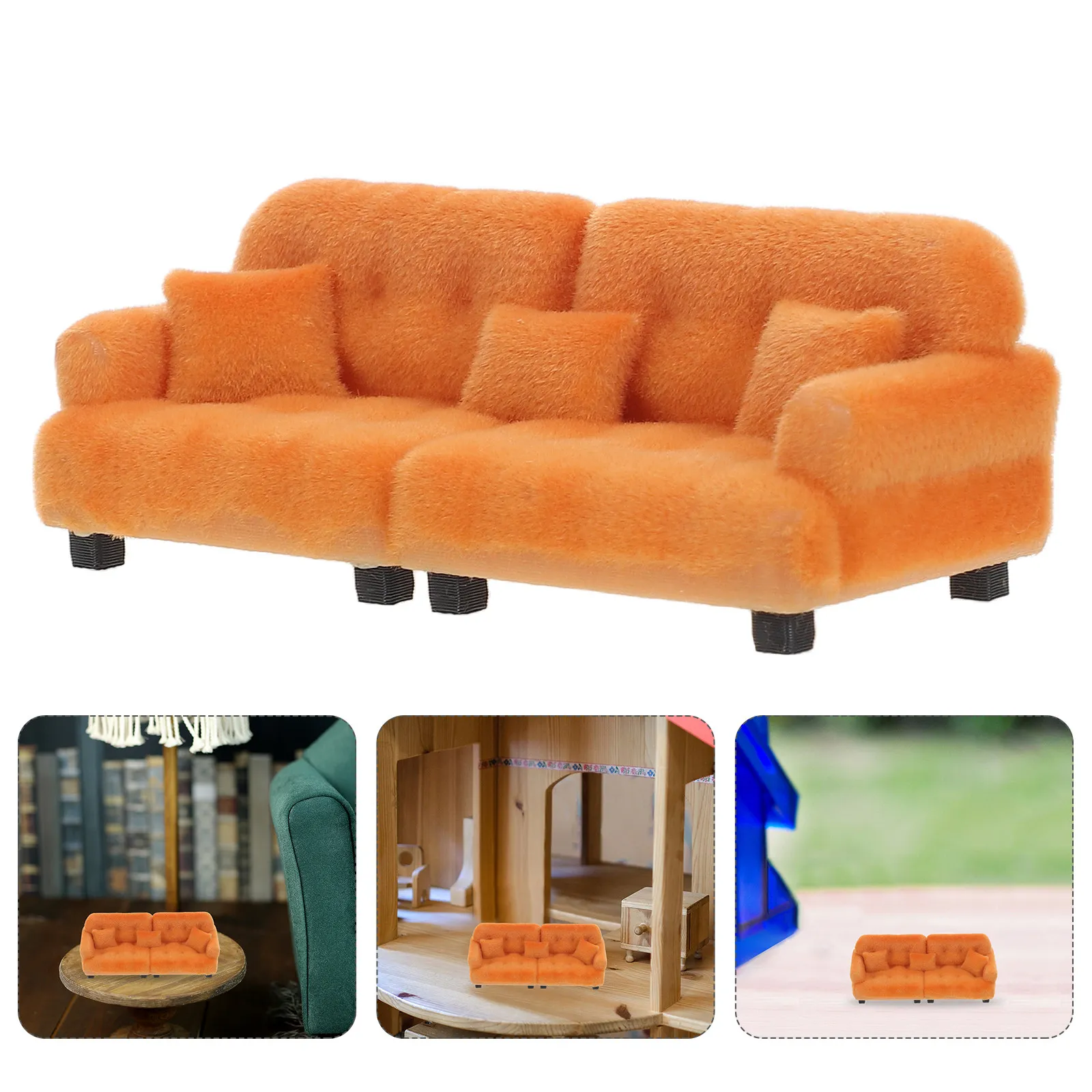 

Miniature Dollhouse Sofa Brown 1:30 Scale Flocked Couch Pillows Realistic Texture for Mini Furniture Decoration