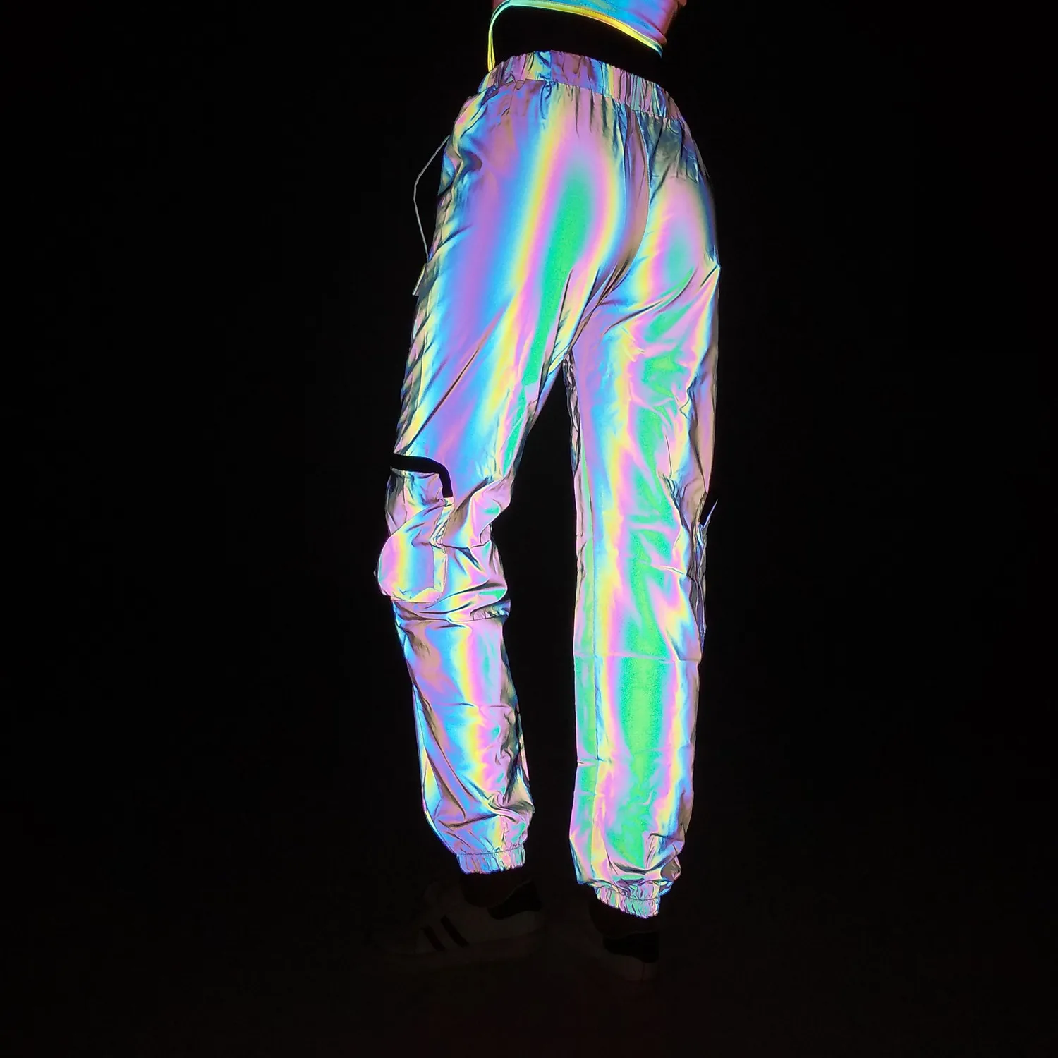 Reflective Hip Hop Pants Women Nightclub DJ Cargo Pants Kpop Stage Performance Dance Outfit Night Sport Joggers Trousers 2024