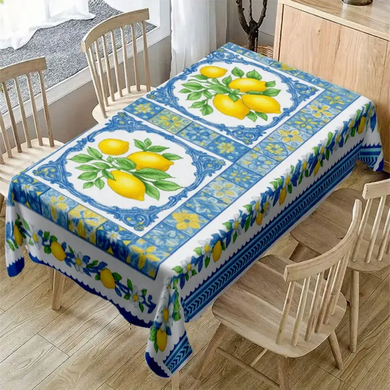 Mediterranean Lemon Tile Tablecloth, Blue White Ceramic Print Waterproof Table Cover for Dining, Party, Patio Picnic Home Decor