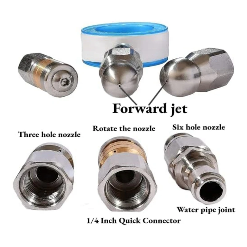 3Pcs Sewer Jetter Nozzle Rotating Stainless Steel Fixed Sewer Nozzle For 1/4 Inch Pressure Washer