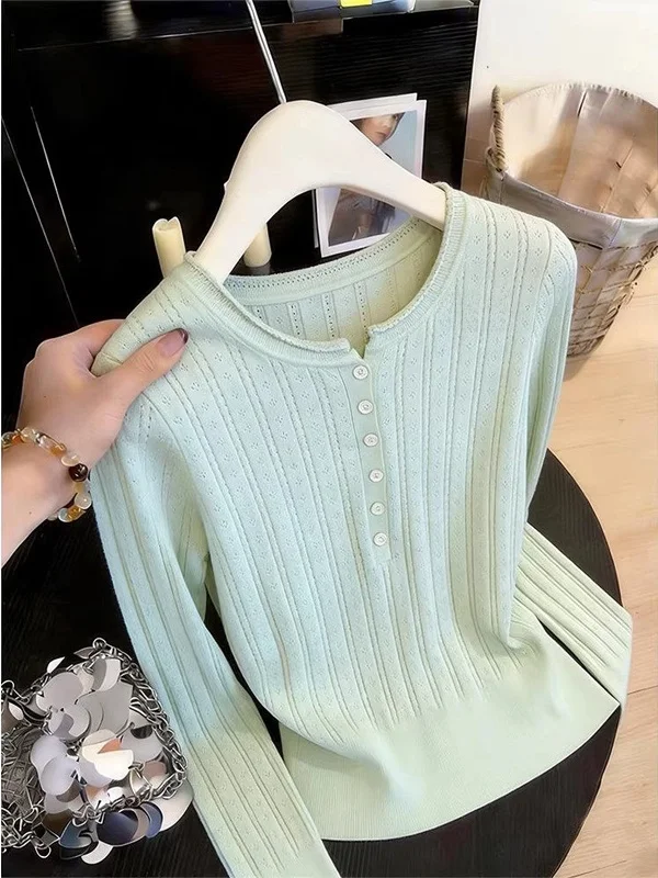 

Mint Green Korean Style Slim Fit round Neck Sweater Hollow out Pure Color Knitwear Women's Fashion Design Hook Flower Texture