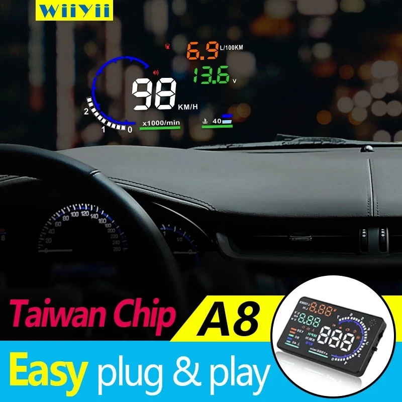 OBD2 HUD Car Head Up Display Large screen display A8 Windscreen Projector Scanner Speed Warning Fuel Alarm Data Diagnostic