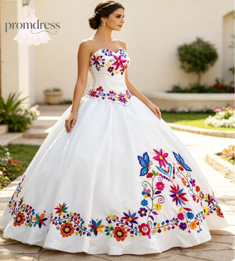 Mexican Style Wedding Dress 2027 Colorful Floral Butterfly Embroidery Elegant Gothic Ball Gown Satin Quinceanera Dress Formal