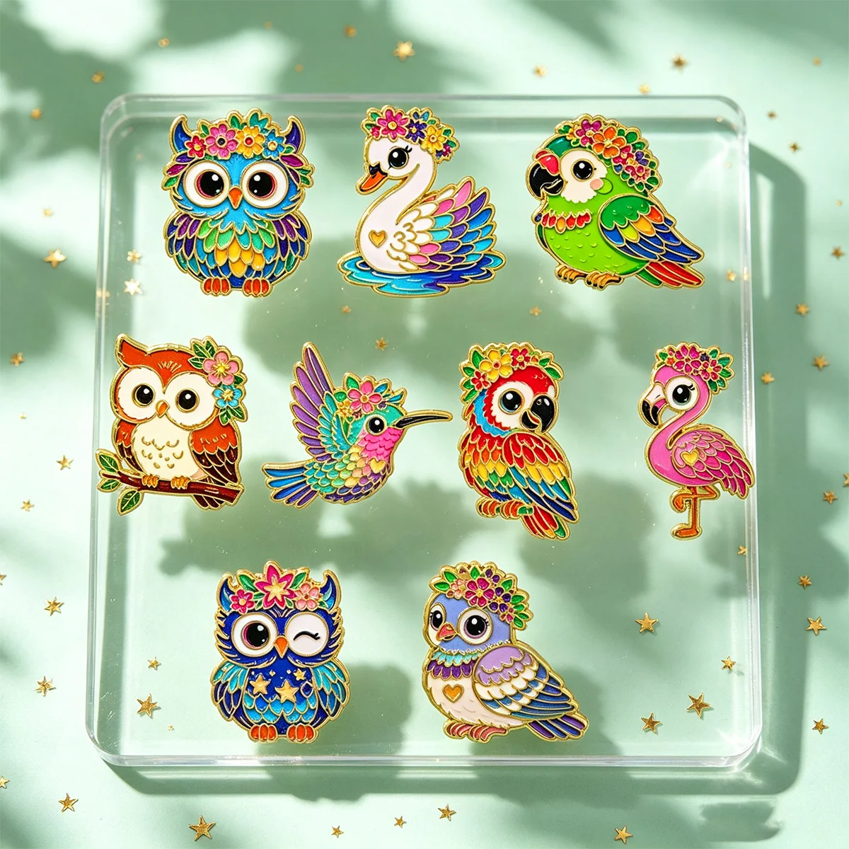 9-teiliges Set Bunte Blumen-Vogel-Eulen-Emaille-Pins Niedliche Papageien-Flamingo-Metall-Anstecknadeln Schmuck Kleidung Rucksack Accessoires Geschenke – Detail 3
