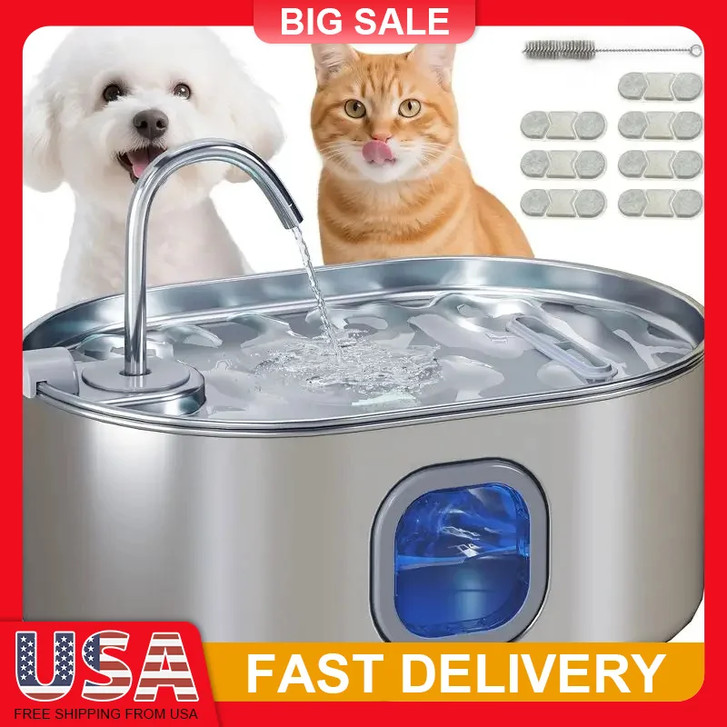 

7L Stainless Steel Cat Water Fountain with Filter Quiet Pump Automatic Pet Water Dispenser for Dogs Cats Large Capacity 246oz
