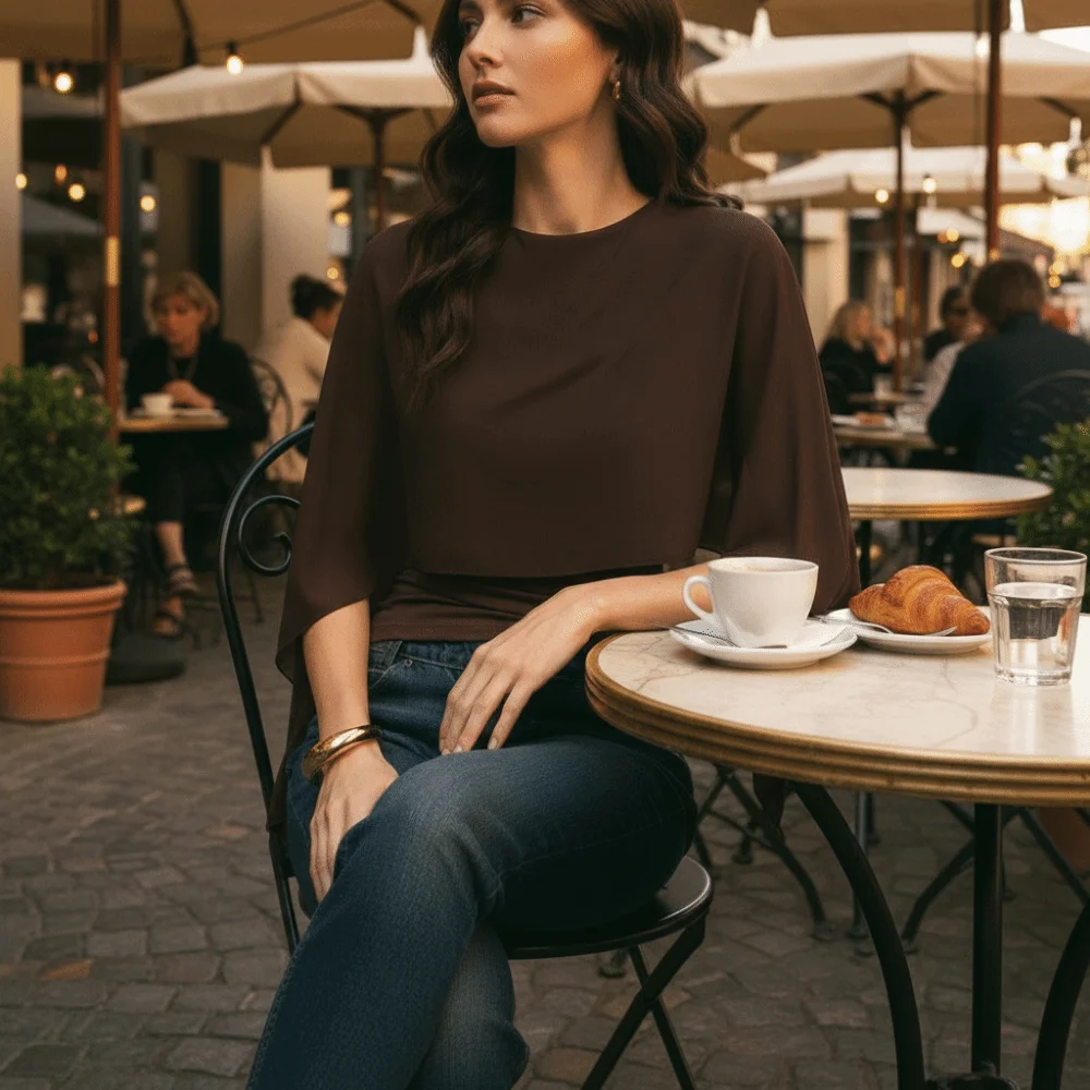 Round Neck Cape Sleeve Top Slim Fit Ruched Waist False Two-Piece Tops Sheer Fabric Open Front Irregular T-Shirt Summer Wear