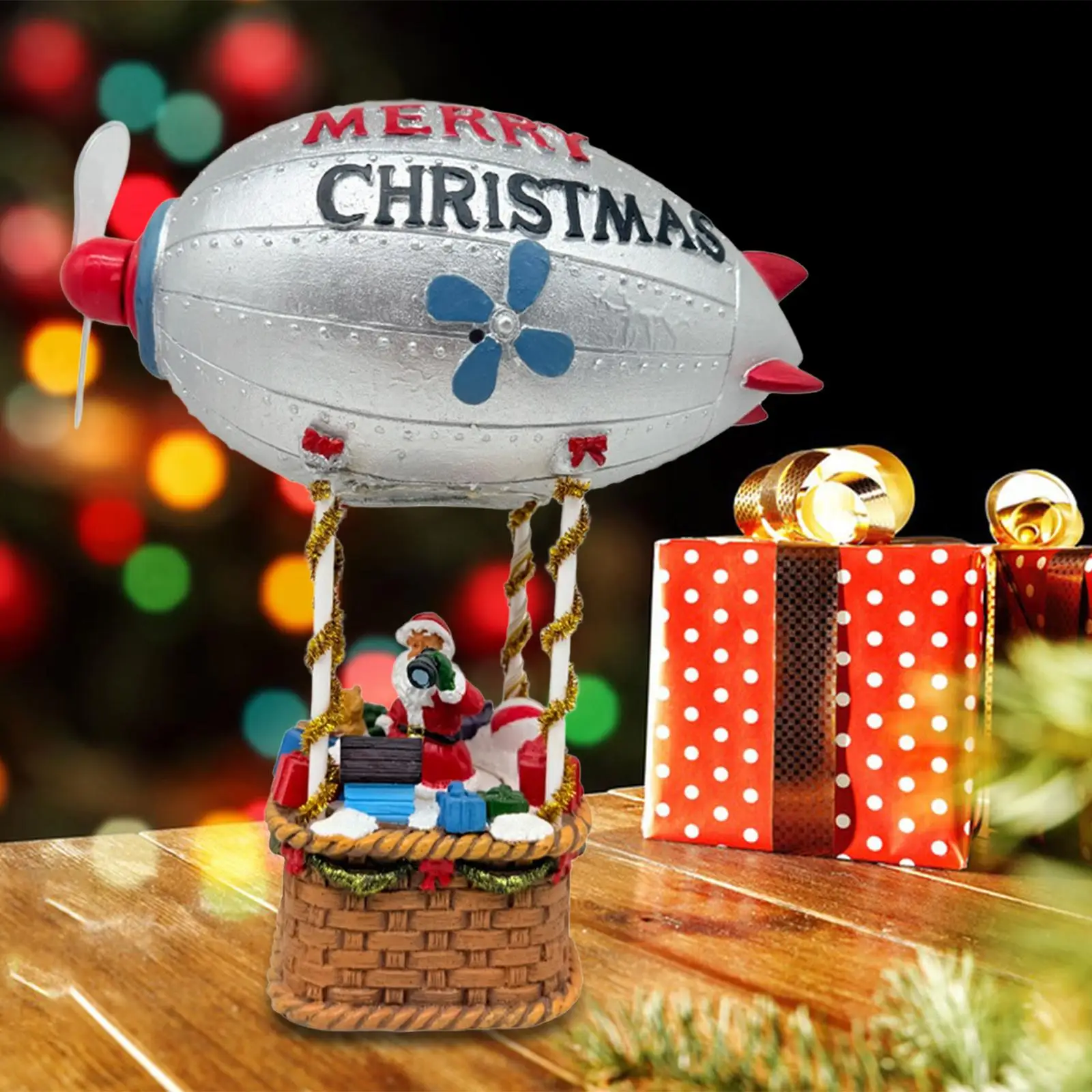 

Resin Christmas Ornament Santa Figurine Tabletop Centerpiece with Spinning Propeller for Winter Holiday Party Decor